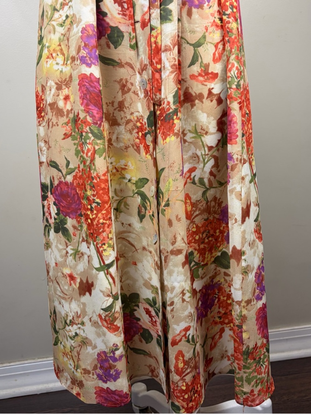 Coldwater Creek Silk 14P Floral Cream Midi Dress with Tie Waist Flaw - Picture 4 of 13